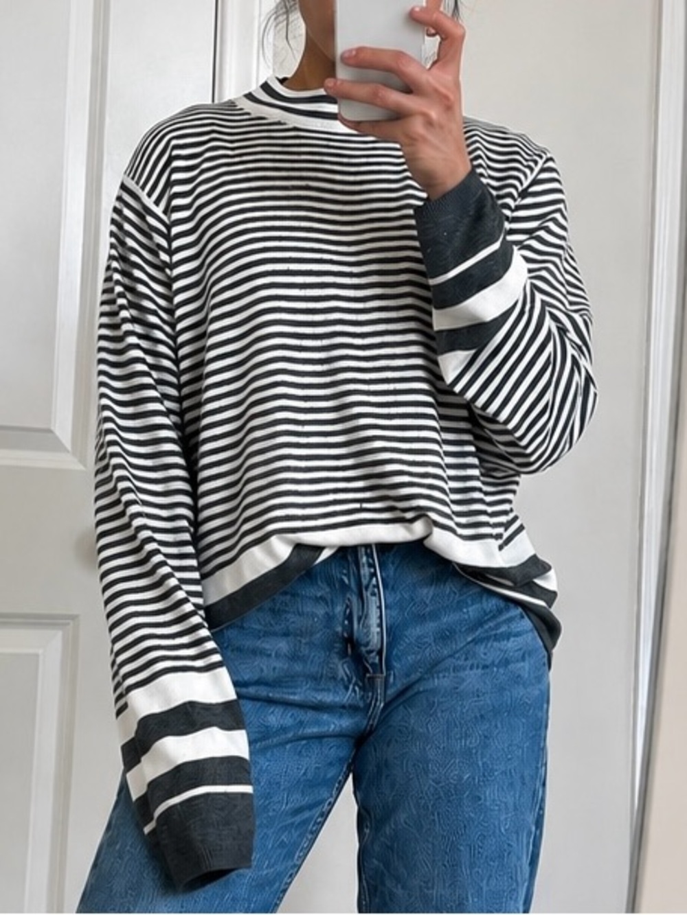 Sag Harbor Striped Soft Cozy Oversized Casual  Relaxed Fit Sweater White Grey M